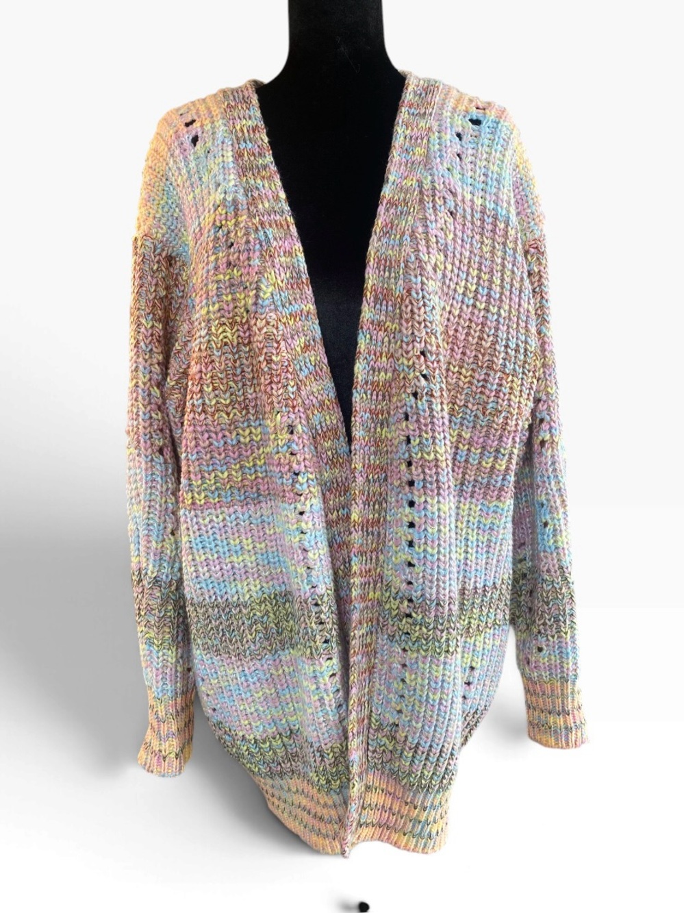 Grace + Karma Cardigan Medium Pastel Rainbow Chunky Knit Open Front Oversized